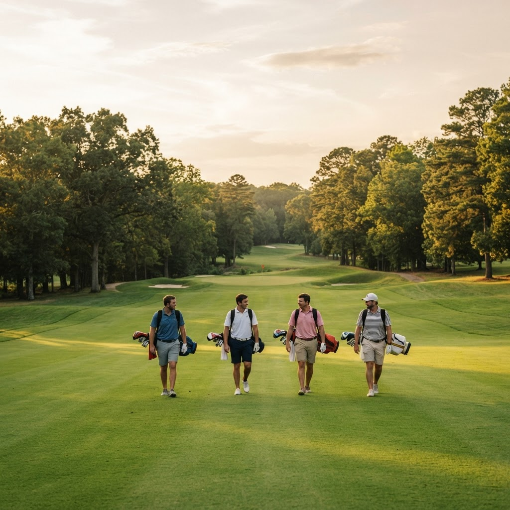 Four golfers walking down the fairway together