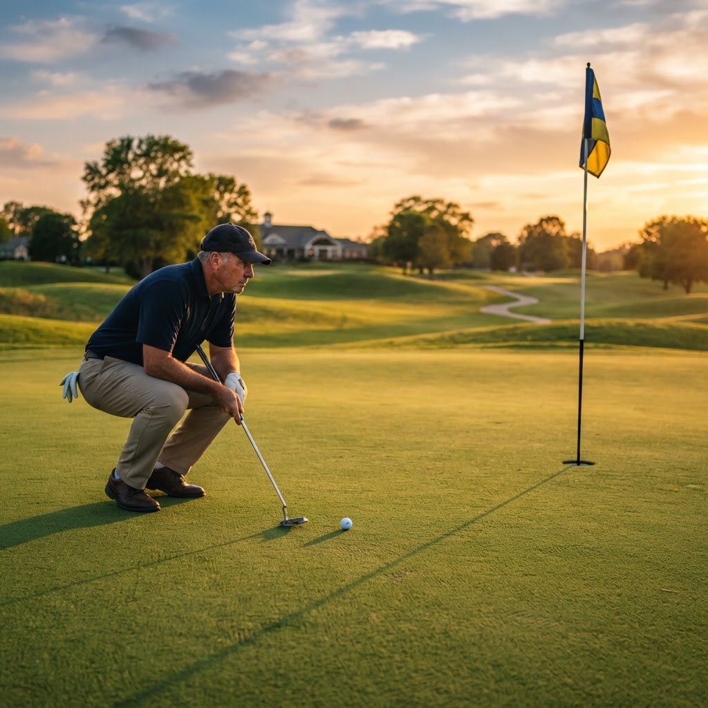 A golfer lining up a putt on the green at sunset