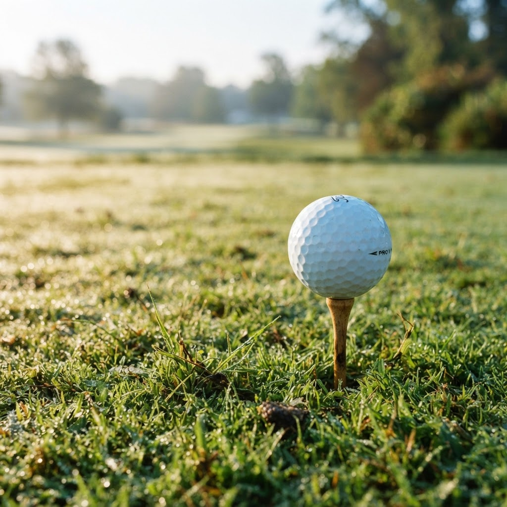 Close-up of a golf ball on a tee in the morning light